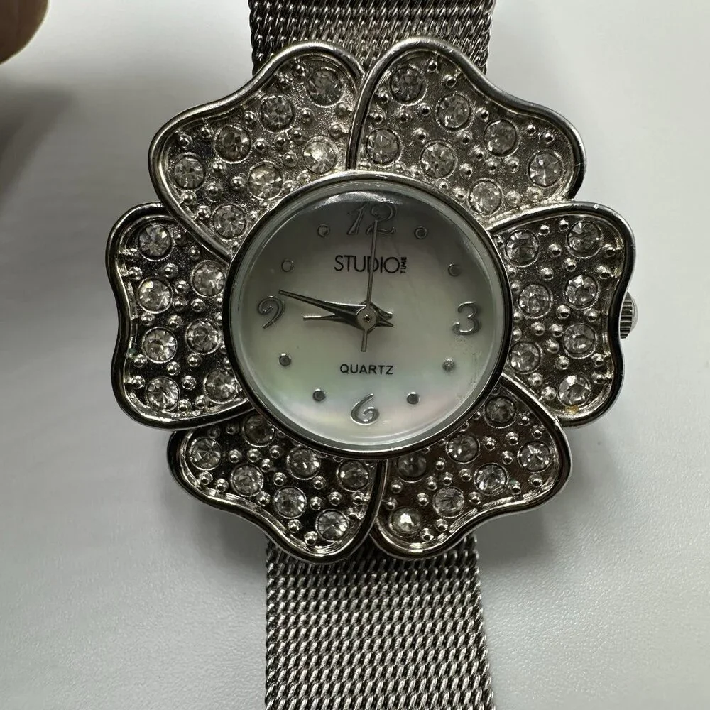3/$30 Studio Time Watch Women Silver Tone Rhinestone Flower Case New Battery